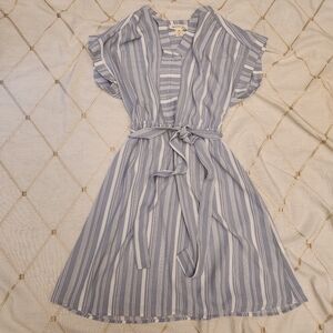 Monteau Blue White Striped V-Neck Dress Size M Short Sleeve Belted Waist Sash